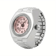 Finger Watch Creative Elastic Round Quartz Fashion Ring Pink Gift Silver Color