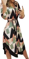Midi Triangle Pattern Print Dress size Large Roll-Tab Sleeve Braided Belt