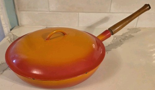 Vtg. Descoware Orange Enameled Cast Iron Skillet Belgium 12"w/ Lid 23-E  30 N FE