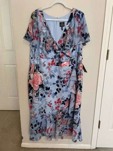 NEU Adrianna Papell Kleid 22W blau rosa Blumen Rüschen geraffte Taille Midi Plus - Bild 1 von 17