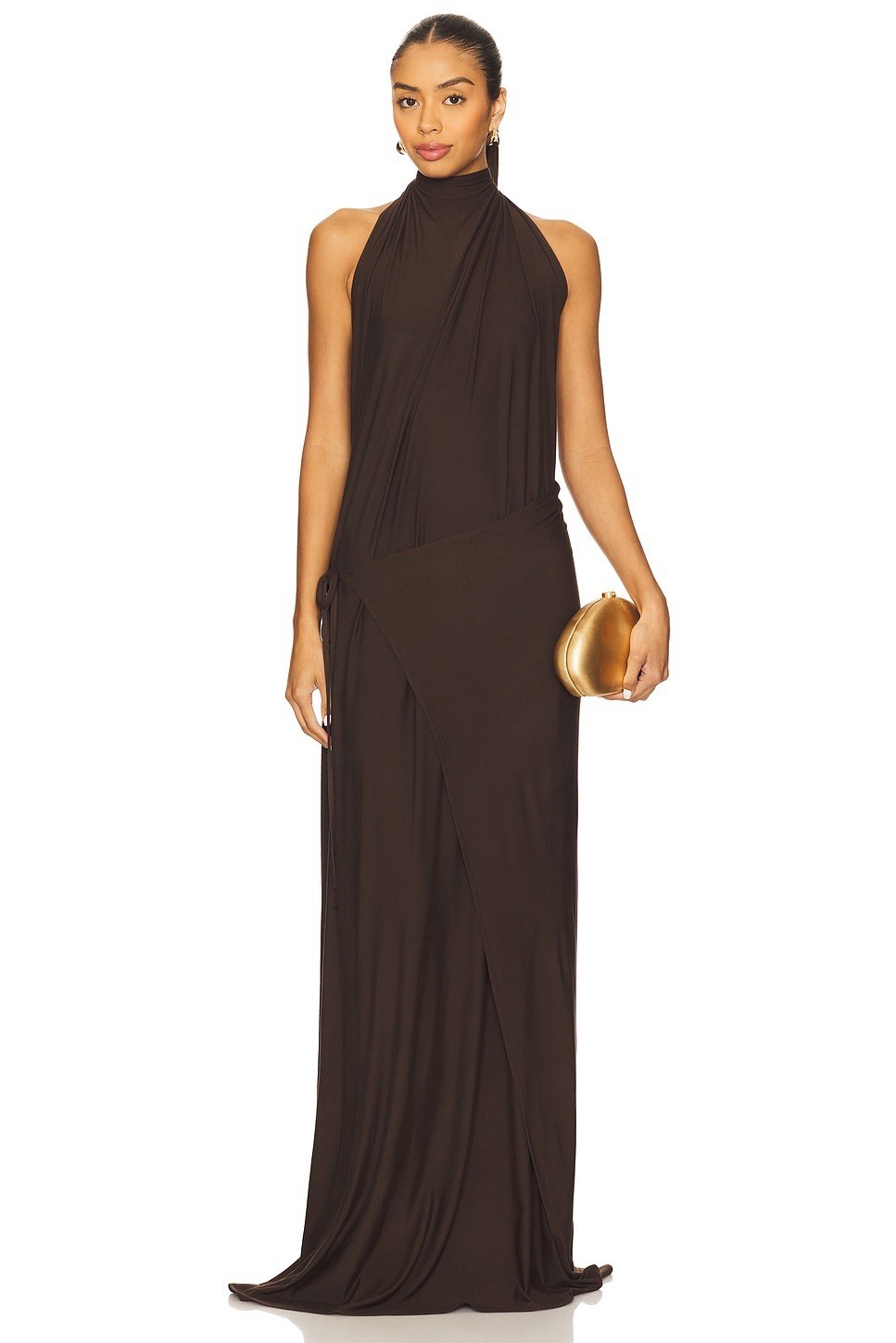 Diana Milkanova Gaia Chocolate Brown Draped Halter Maxi Gown One Size