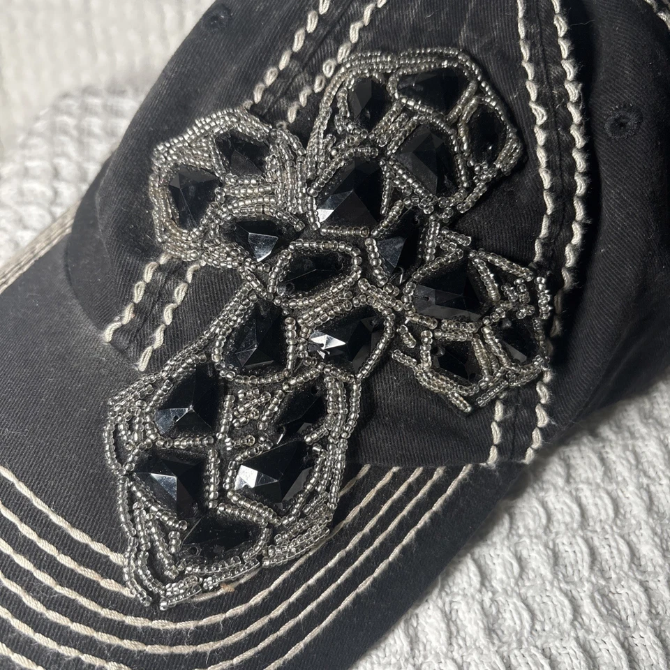 Bling Olive & Piqué Fleur De Lis sombrero negro costura gorra sombrero mujer estrás Foto 3 de 4