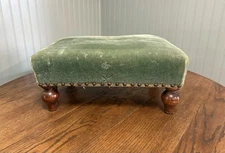 Antique Victorian Green Velvet Wooden Rectangle Shaped Stool