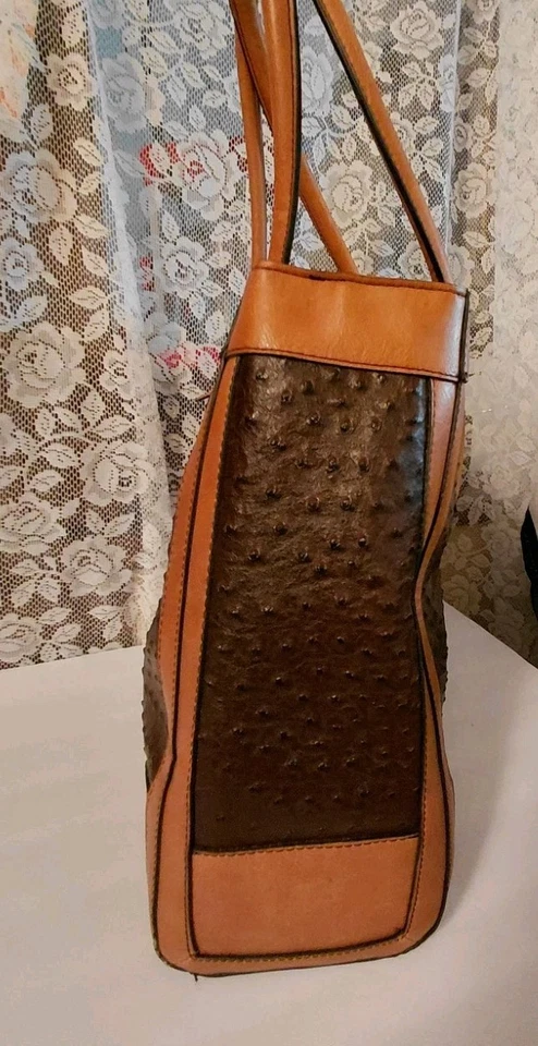 London Fog Lark Ostrich-Embossed Faux Leather Dome Satchel Brown/Tan Rt $138 - Image 3 of 4