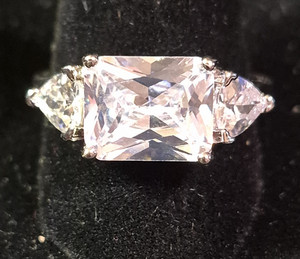White Gold Plated 3-Stone emerald Cut Cubic Zirconia  Cocktail Ring 8.75