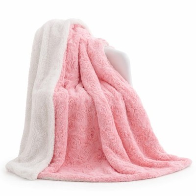 DaDa Bedding Luxury Rosey Blossom Pink Floral Soft Warm Faux Fur Throw Blanket