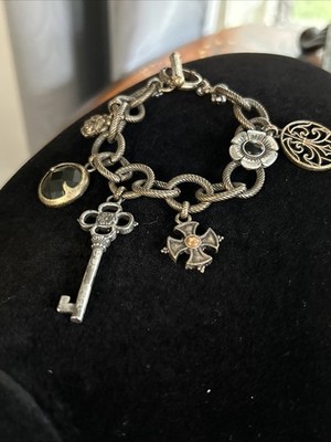 Lucky Brand Charm Bracelet with Key and Flower Design Antique Brass