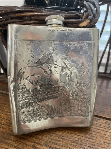 Vintage Sheffield Lead Free English Rose Pewter Hip Flask Hunt Scene