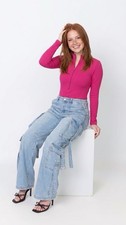 Women s Pink Long Sleeve Mock Neck Half Zip Stretch Bodysuit, Solid Size M