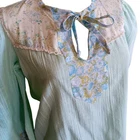 True Vintage Top Blouse Small 70's Boho Pastel Floral Lace Tie Neck