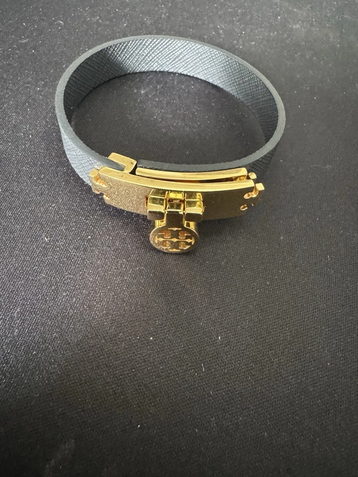 Navy Blue Tory Burch Logo Turnlock Leather Bracelet Gold Tone - Image 2 of 4