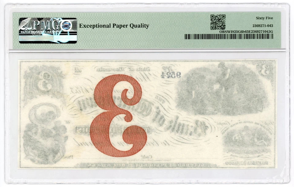 1863 $3 The Bank of Watertown, WISCONSIN Note - CIVIL WAR Era PMG Gem 65 EPQ - Image 2 of 4