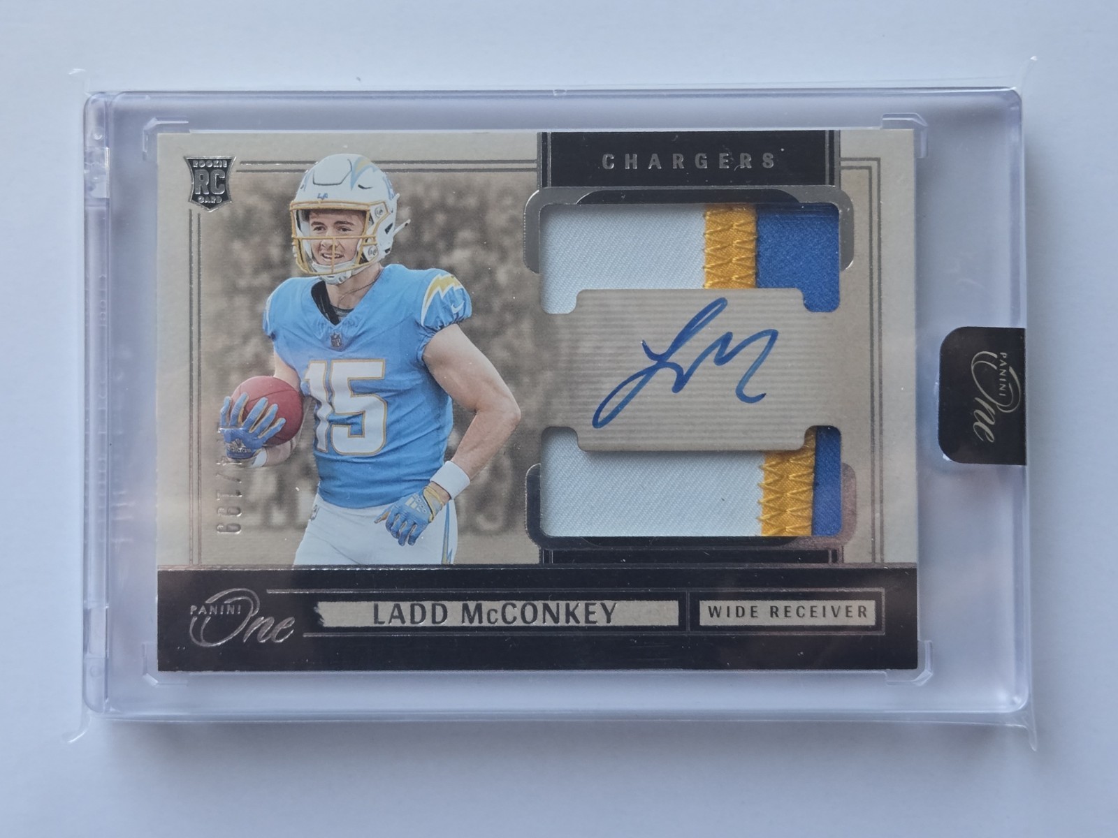 2024 Panini One Ladd McConkey 3 - Color RPA Rookie Patch Auto RC /199