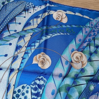 New Hermes scarf silk Carre 90cm Plumes En Fete Blue | eBay