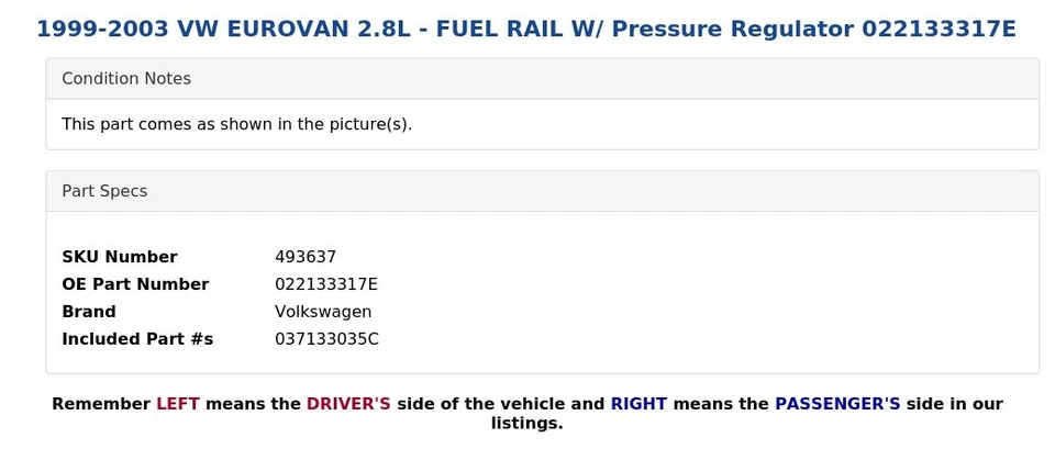 1999-2003 VW EUROVAN 2.8L - FUEL RAIL W/ Pressure Regulator 022133317E - Image 3 of 4