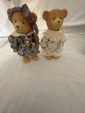 Lot 2 Vintage Russ Teddy Bear Resin Figurines Girl Nightgown Dress Headband