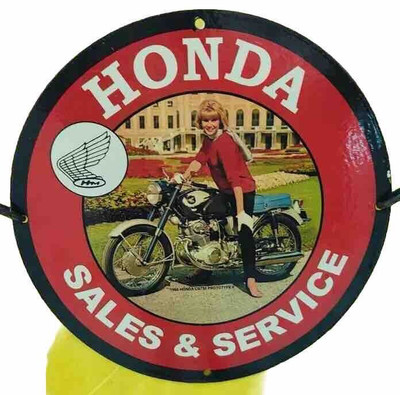 RARE HONDA MOTOR BIKE SALES USA GARAGE GIRL PINUP PORCELAIN ENAMEL GARAGE SIGN