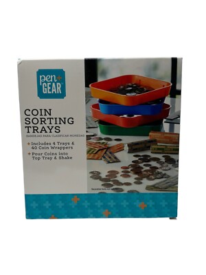 COIN SORTING TRAYS 4 TRAYS AND 40 COIN WRAPPERS INCLUDED POUR & SHAKE.