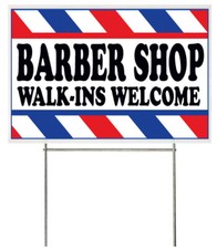 Letrero de patio de bienvenida con estaca 18x12 pulgadas BARBER SHOP WALK-INS - wb1s