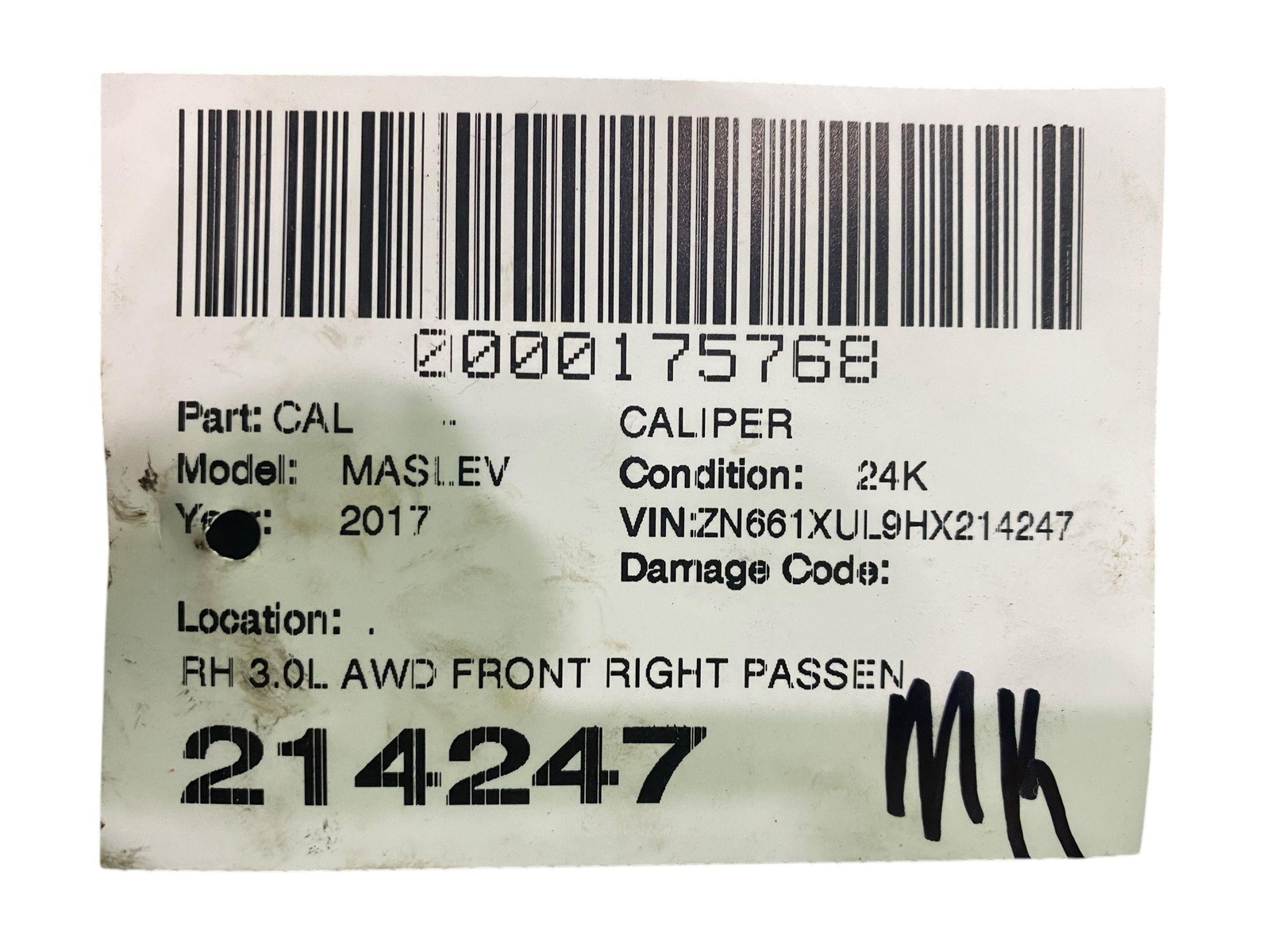 2017-2020 MASERATI LEVANTE M161 3.0L AWD FRONT RIGHT BRAKE CALIPER *24K*