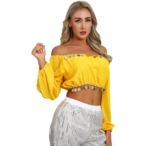 Womens Shiny Off Shoulder Tops Sequin Trims Chiffon Skirt Belly Dance Outfit - Picture 35 of 68