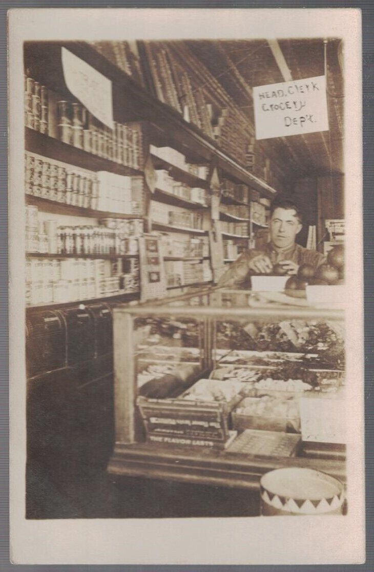 1911 RPPC BRAUTIGAMS GROCERY STORE KINGSLEY MICHIGAN HEAD CLERK OF