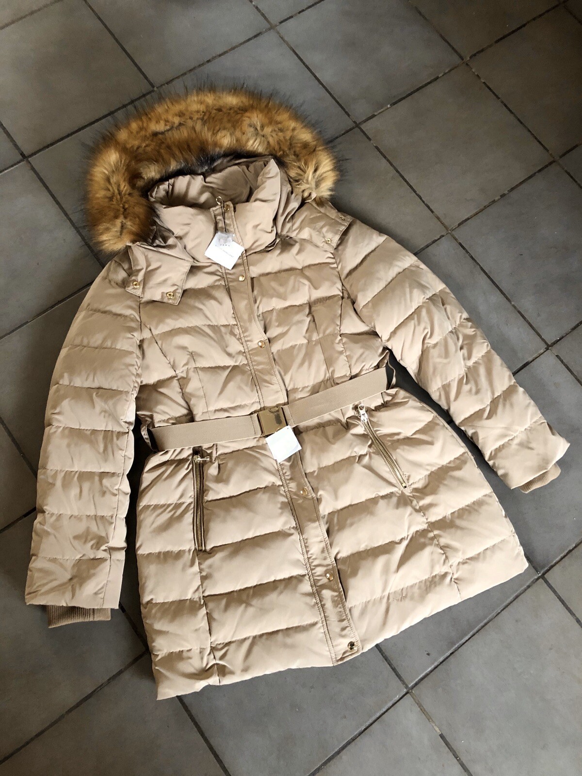 Zara Camel Water Repellent Belted Down Puffer L UK14 Bnwt # P45L