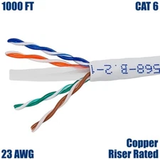 1000FT Cat6 Ethernet Network UTP Cable Riser CMR 23AWG Solid Copper Wire White