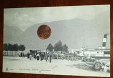 Vintage postcard landscape Italy Lombardy Lecco Colico boat pier