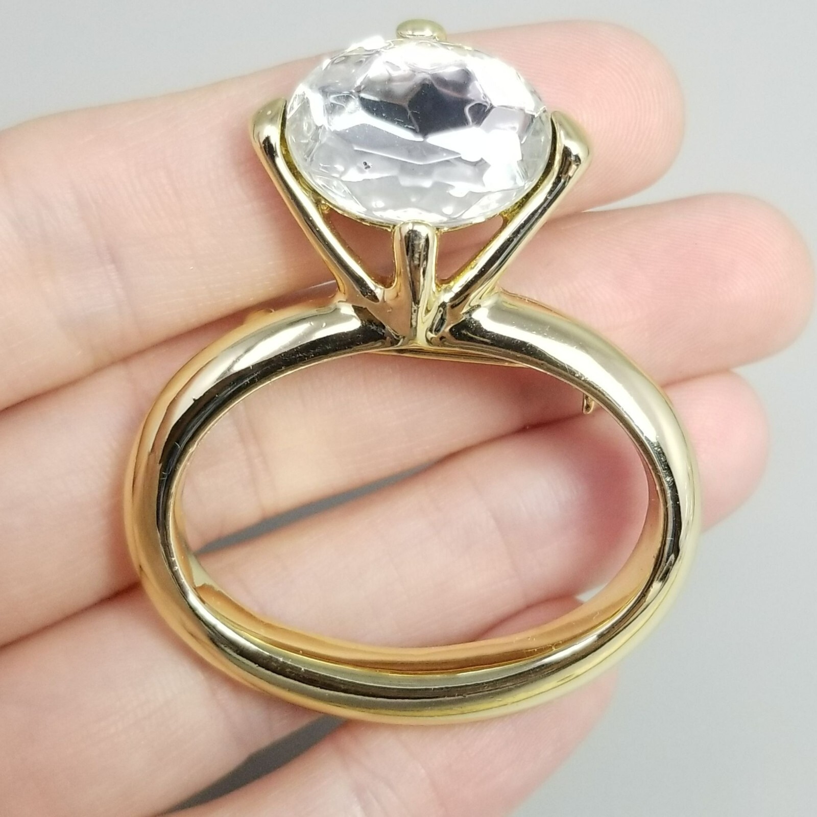 Vintage Large Rhinestone Engagement Solitaire Ring Brooch, Gold Tone, Fiancé