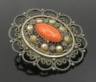 Israel 925 Silver Vintage Antique Beaded Flower Coral Brooch Pin Bp9522