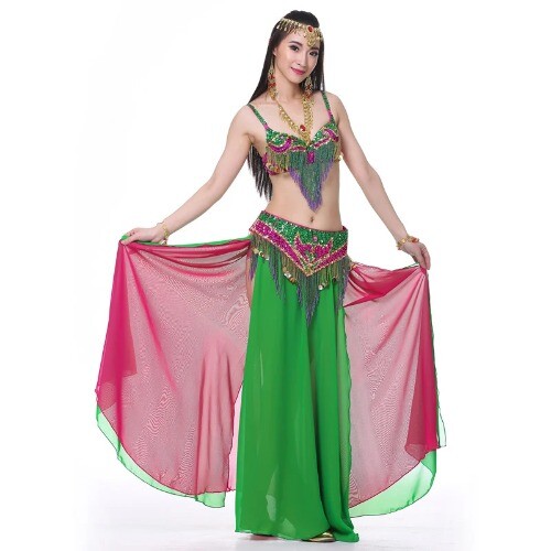 Dance Wear 3 Pieces Outfit Beaded Belly Dance Costume Set (Bra Belt Skirt)