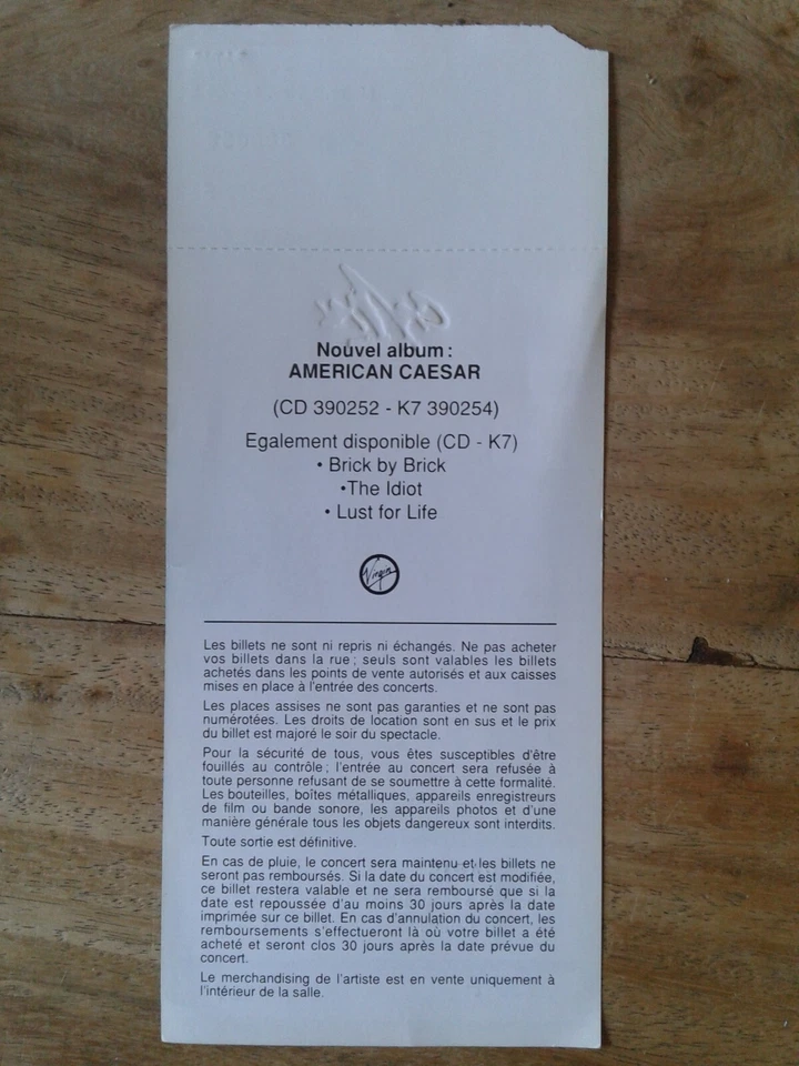 IGGY POP ticket complet avec souche concert de Paris le 3 novembre 1993 - Photo 2/3