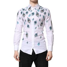 DOLCE & GABBANA Shirt White Cotton Feather Print GOLD Dress 38/US15/XS 1050usd