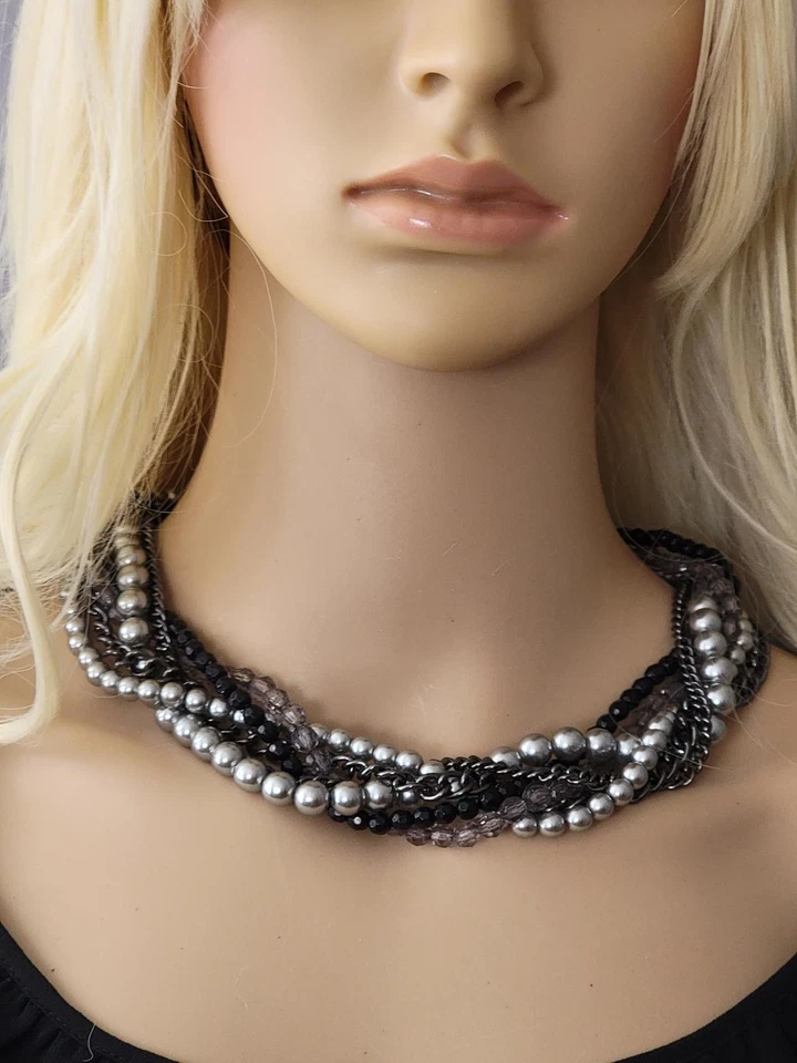 Collar trenzado Premier Designs seis hilos cadena negra gris imitación perla nuevo sin etiquetas Foto 2 de 4