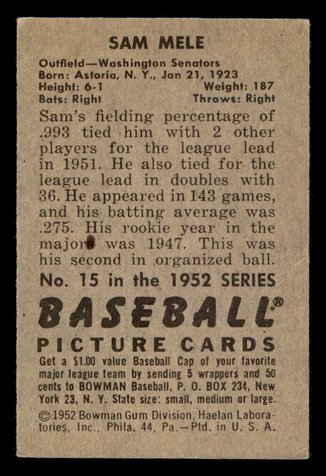 1952 Bowman #15 Sam Mele - Image 2 of 2