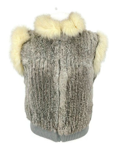 Gilet vintage en fourrure de lapin Mademoiselle femme S gris blanc zippé poches avant - Photo 1/7