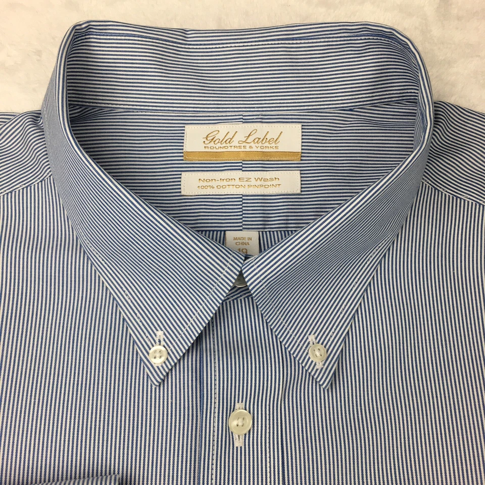 Roundtree & Yorke Gold Label Dress Shirt Mens 19-35 Big Blue White Pinstripes - Image 3 of 4
