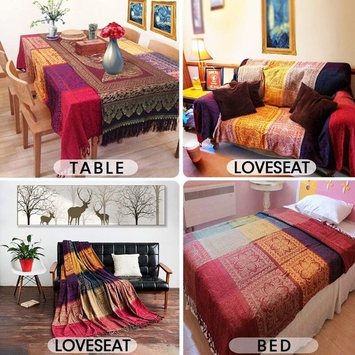 Chenille Boho Throw Blanket Reversible Tassel Sofa Bed Couch Table Dust Cover - Picture 8 of 14