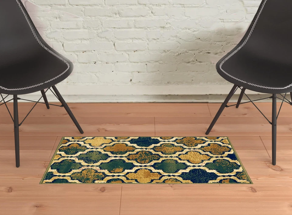 2' X 3' Green Brown And Ivory Quatrefoil Distressed Area Rug - Image 2 of 4