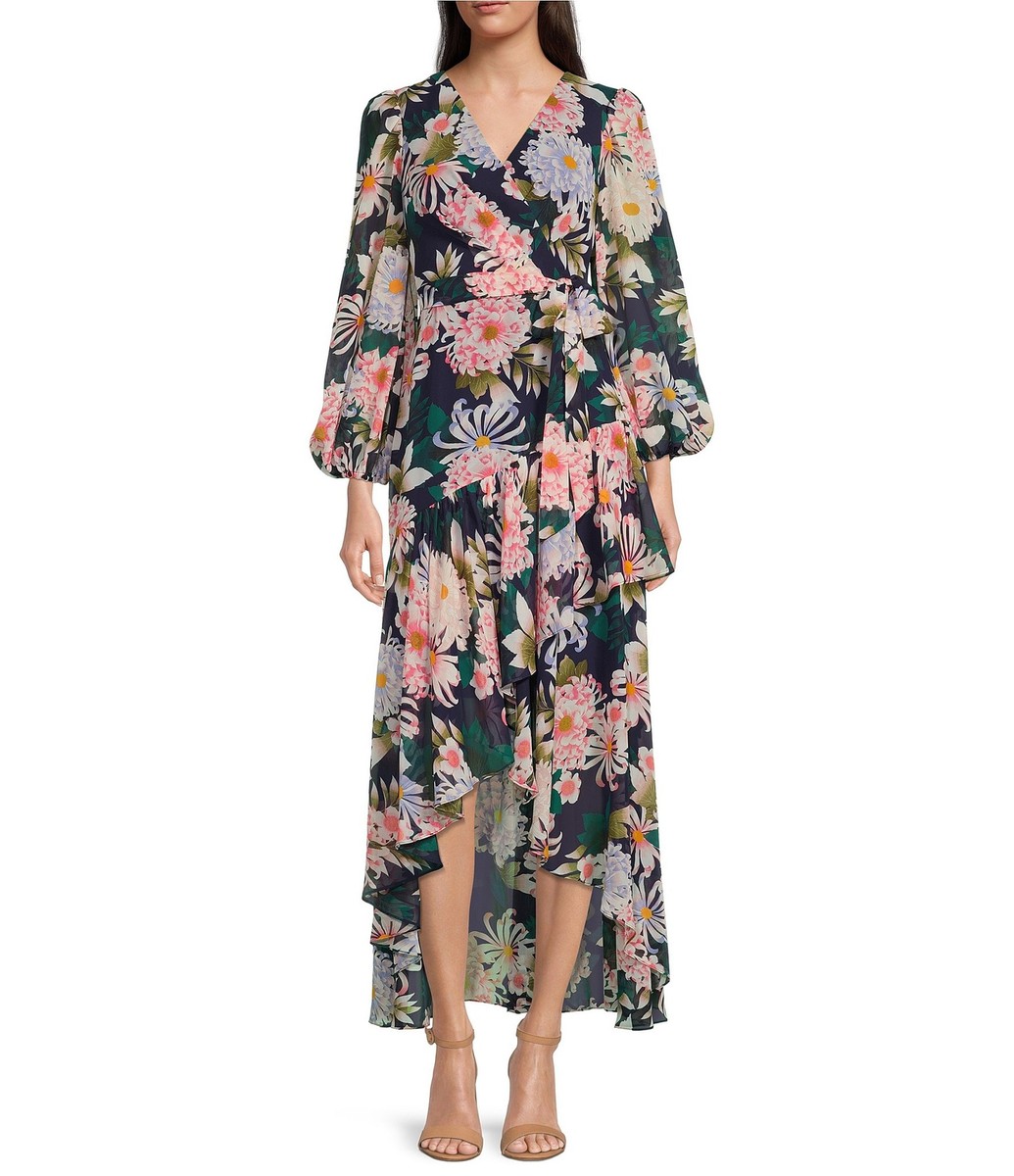 Eliza J Floral Print 3/4 Balloon Sleeve Faux Wrap Hi-Low