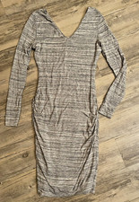 Banana Republic Bodycon Dress XS Heather Gray Striped Ruched Waist V-Neck