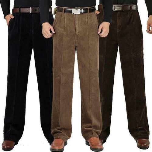 Men's Winter High Waist Warm Corduroy Trousers Formal Straight Thick Trousers - Picture 2 of 12