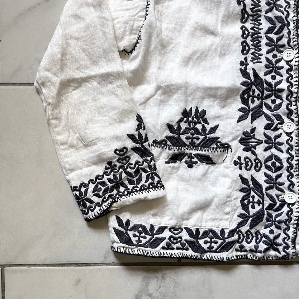Johnny Was Jacket Womens XS White Black Embroidered Boho Linen Long Sleeve Top - Image 4 of 4
