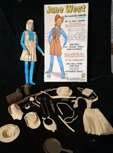 1965 Jane West Western Doll 11" Movable Cowgirl Vtg Marx Accessories Box Manual