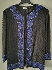 Vintage Frank Usher XL Trophy Jacket Black Blue Beaded Sequin Silk Evening Party