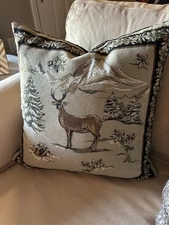 Hines of Oxford Winter Scene Tapestry Pillow – Reindeer 16x16 Velvet Back