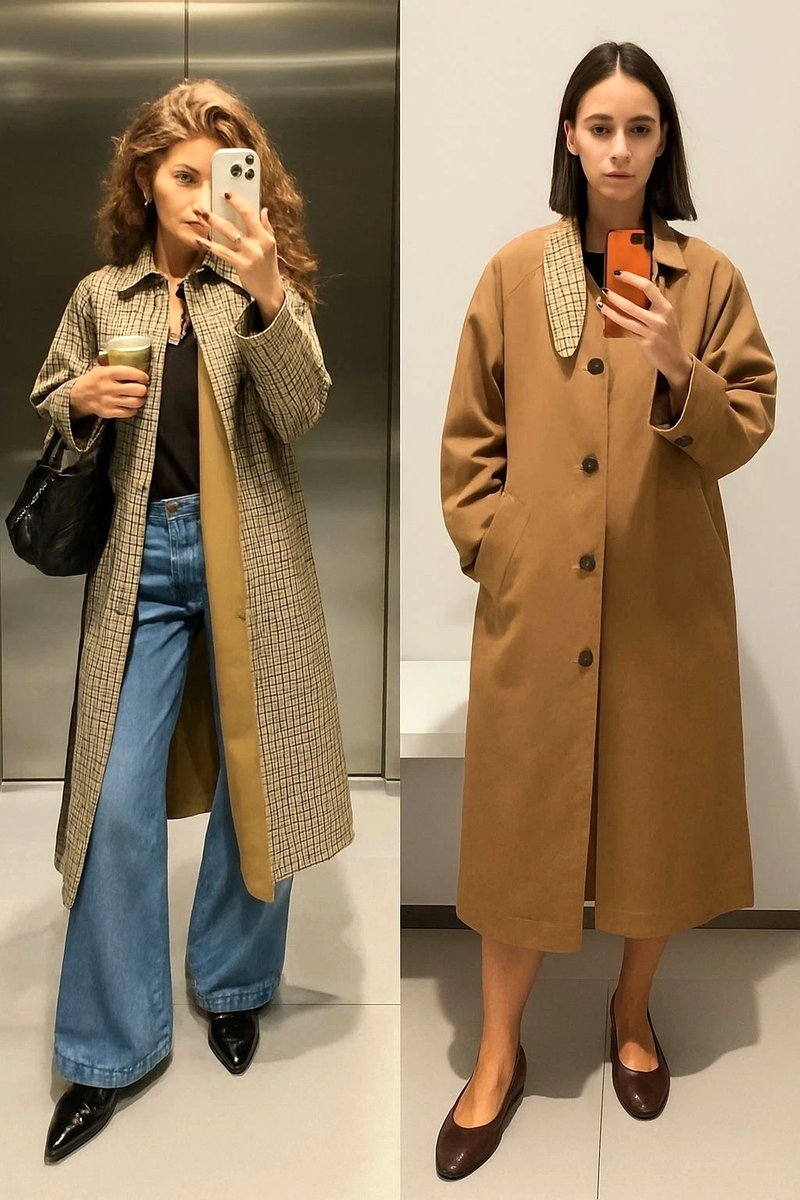 Zara ZW Collection Reversible Trench Coat Checked Dark Camel Size