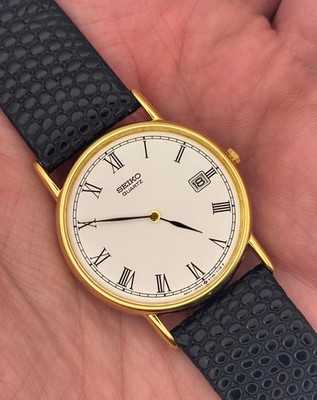 1990 Vintage Seiko Men's Gold Train Track Roman Watch w/NEW BAND - 5Y39 Quartz