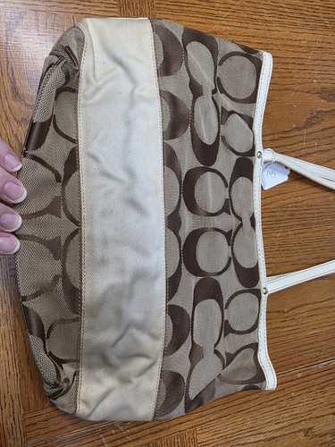 COACH 10124 KHAKI SIGNATURE STRIPE CREAM LEATHER TOTE *NEEDS CLEANING * - Bild 2 von 14